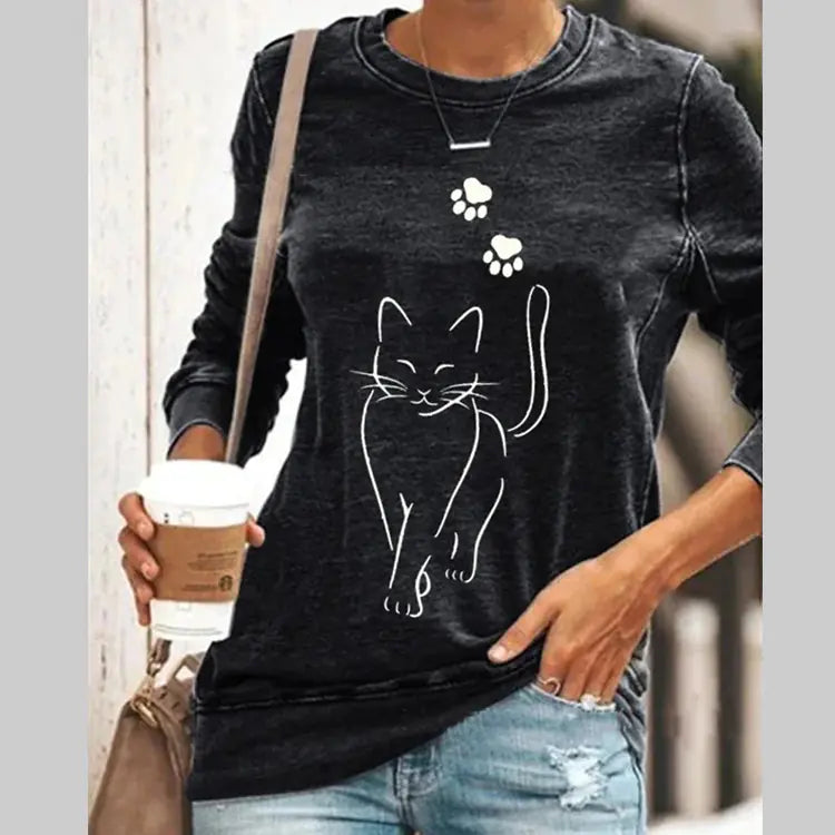 Peekaboo Cat Print Pullover – Long Sleeve Cotton Tee for Women (S–4XL)