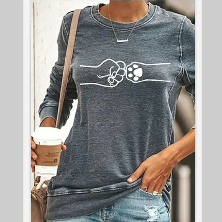 Peekaboo Cat Print Pullover – Long Sleeve Cotton Tee for Women (S–4XL)