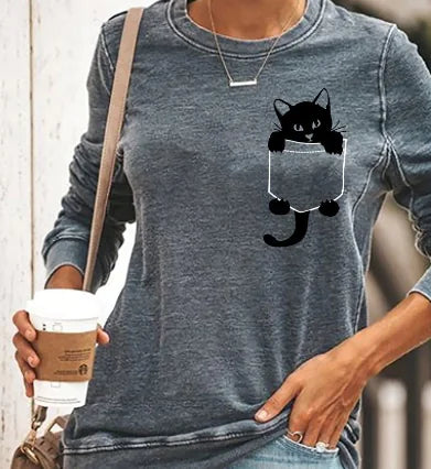 Peekaboo Cat Print Pullover – Long Sleeve Cotton Tee for Women (S–4XL)