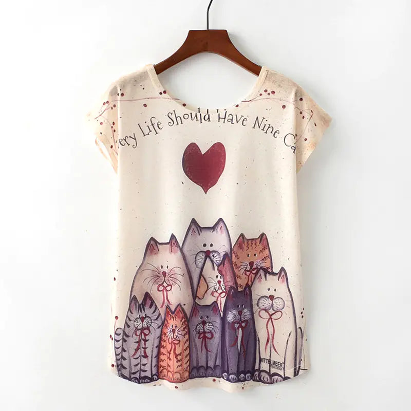 “Every Life Should Have Nine Cats” T-Shirt – Cute Cat Print Tee for Women (XS–6XL)