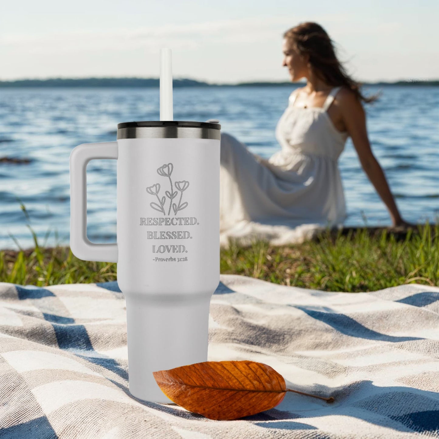🌸 Respected. Blessed. Loved. – 40oz Proverbs 31:28 Engraved Faith Tumbler for Women of Purpose