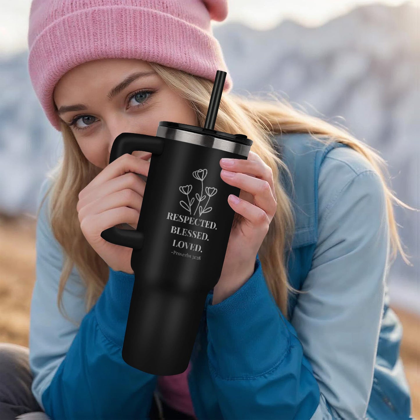 🌸 Respected. Blessed. Loved. – 40oz Proverbs 31:28 Engraved Faith Tumbler for Women of Purpose