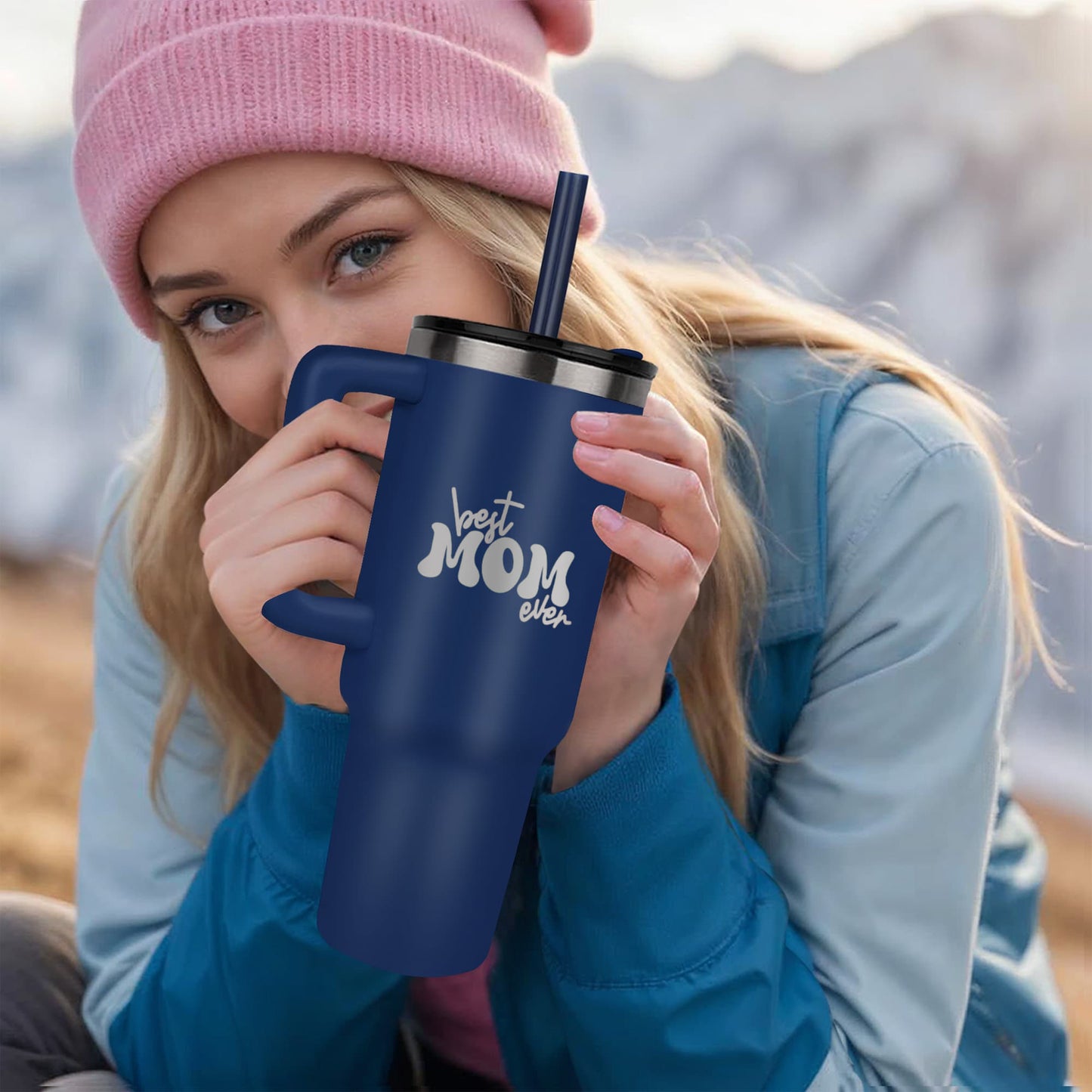 π Best Mom Ever β 40oz Laser Engraved Stainless Steel Tumbler with Handle & Straw