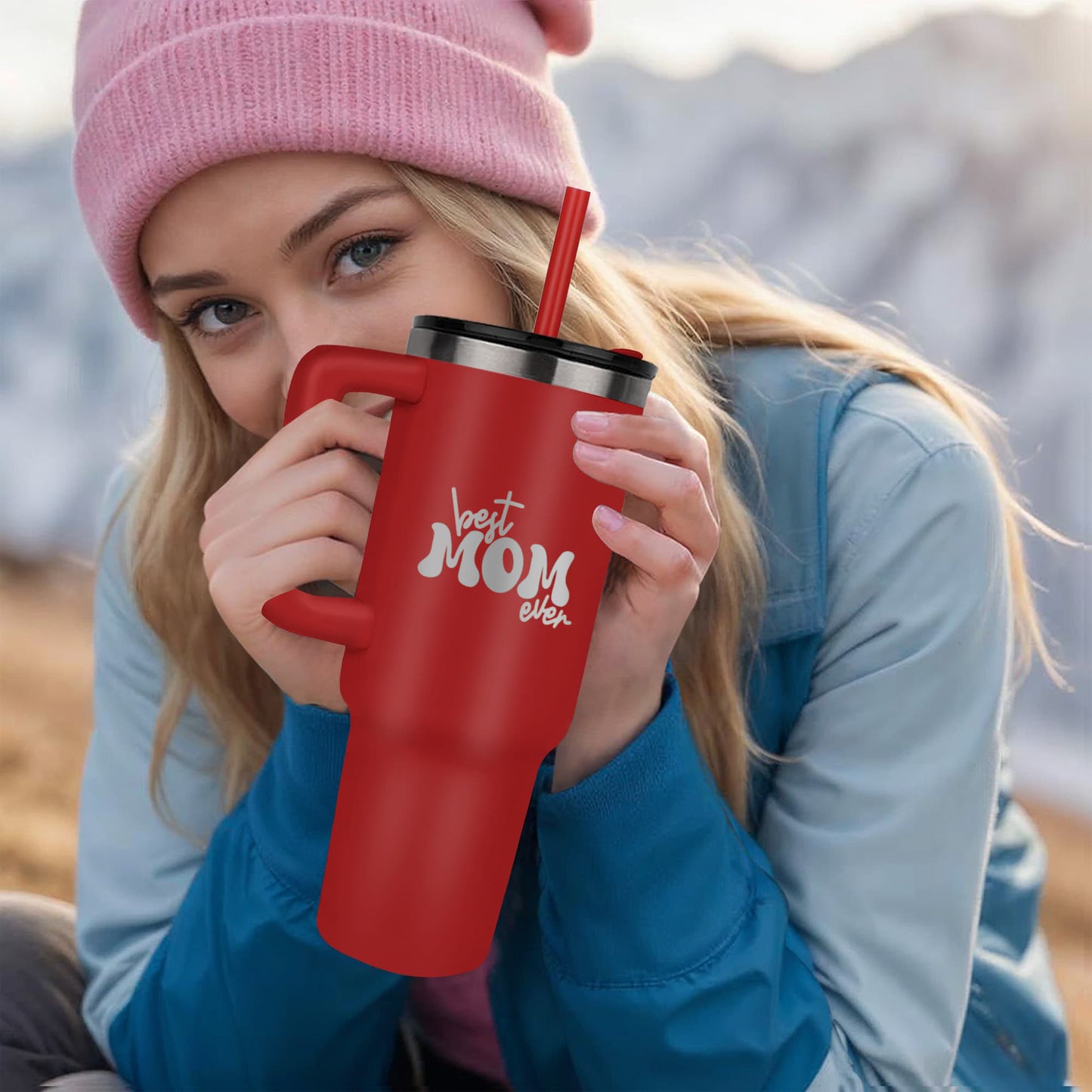 π Best Mom Ever β 40oz Laser Engraved Stainless Steel Tumbler with Handle & Straw