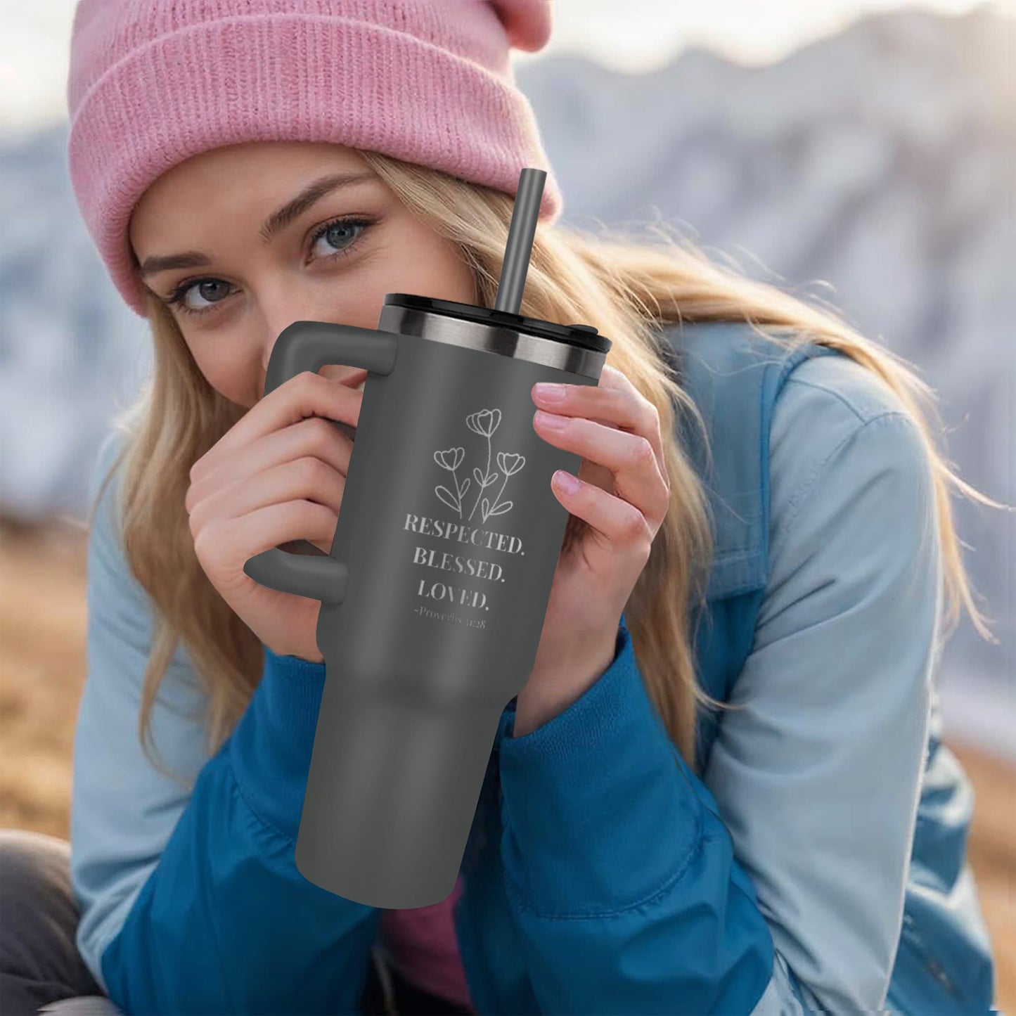 🌸 Respected. Blessed. Loved. – 40oz Proverbs 31:28 Engraved Faith Tumbler for Women of Purpose