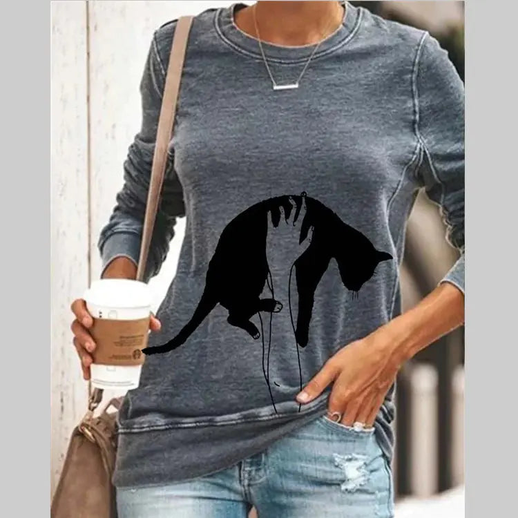 Peekaboo Cat Print Pullover – Long Sleeve Cotton Tee for Women (S–4XL)