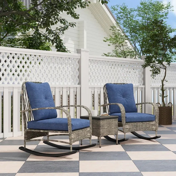 3-Piece Wicker Patio Rocking Chair Set – Outdoor Rattan Lounge Chairs with Cushions & Side Table
