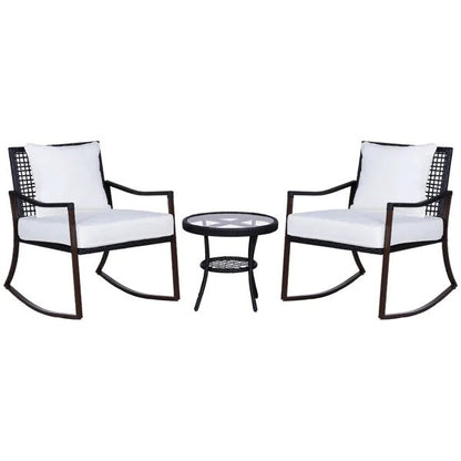 3-Piece Patio Rocking Bistro Set – Outdoor Wicker Rocking Chairs with Cushions & Side Table