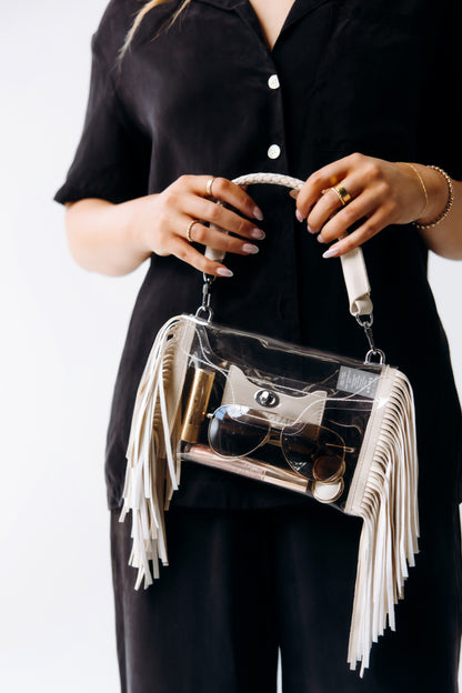 Clear Fringe Crossbody Bag – Stadium Approved Transparent Purse with Braided Strap & Chic Fringe Design