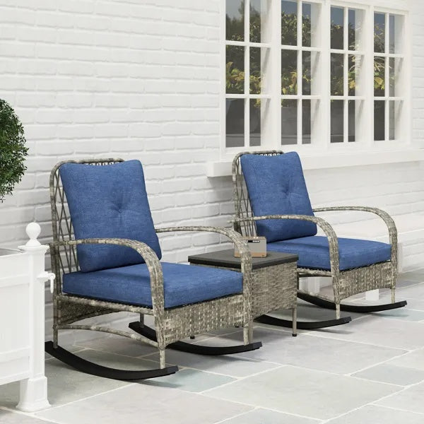3-Piece Wicker Patio Rocking Chair Set – Outdoor Rattan Lounge Chairs with Cushions & Side Table