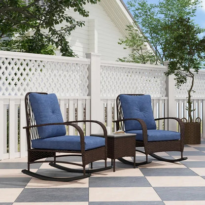 3-Piece Wicker Patio Rocking Chair Set – Outdoor Rattan Lounge Chairs with Cushions & Side Table