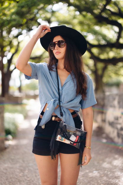 Clear Fringe Crossbody Bag – Stadium Approved Transparent Purse with Braided Strap & Chic Fringe Design