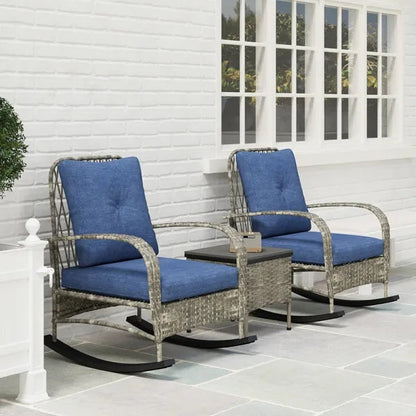3-Piece Wicker Patio Rocking Chair Set – Outdoor Rattan Lounge Chairs with Cushions & Side Table