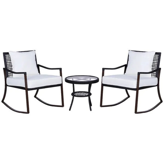 3-Piece Patio Rocking Bistro Set – Outdoor Wicker Rocking Chairs with Cushions & Side Table