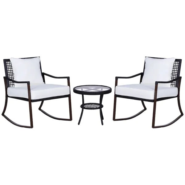 3-Piece Patio Rocking Bistro Set – Outdoor Wicker Rocking Chairs with Cushions & Side Table