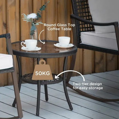 3-Piece Patio Rocking Bistro Set – Outdoor Wicker Rocking Chairs with Cushions & Side Table