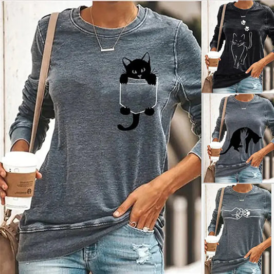Peekaboo Cat Print Pullover – Long Sleeve Cotton Tee for Women (S–4XL)