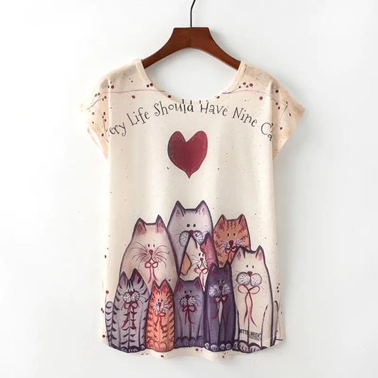 “Every Life Should Have Nine Cats” T-Shirt – Cute Cat Print Tee for Women (XS–6XL)