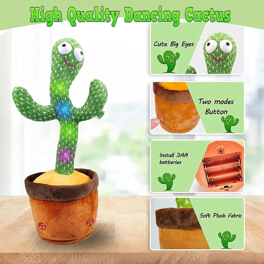 Dancing Cactus Plush Toy – Singing, Talking & Recording Interactive Toy with Lights (120 Songs)