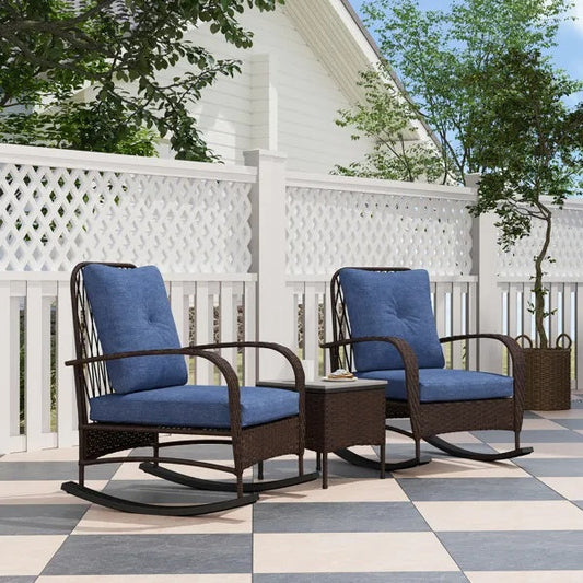 3-Piece Wicker Patio Rocking Chair Set – Outdoor Rattan Lounge Chairs with Cushions & Side Table