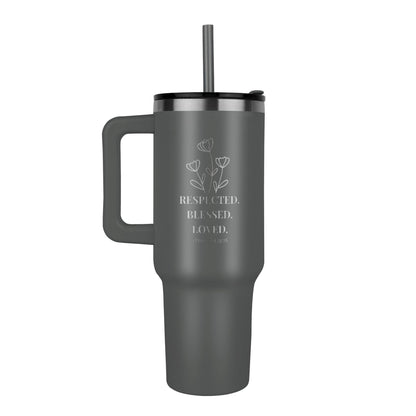 🌸 Respected. Blessed. Loved. – 40oz Proverbs 31:28 Engraved Faith Tumbler for Women of Purpose