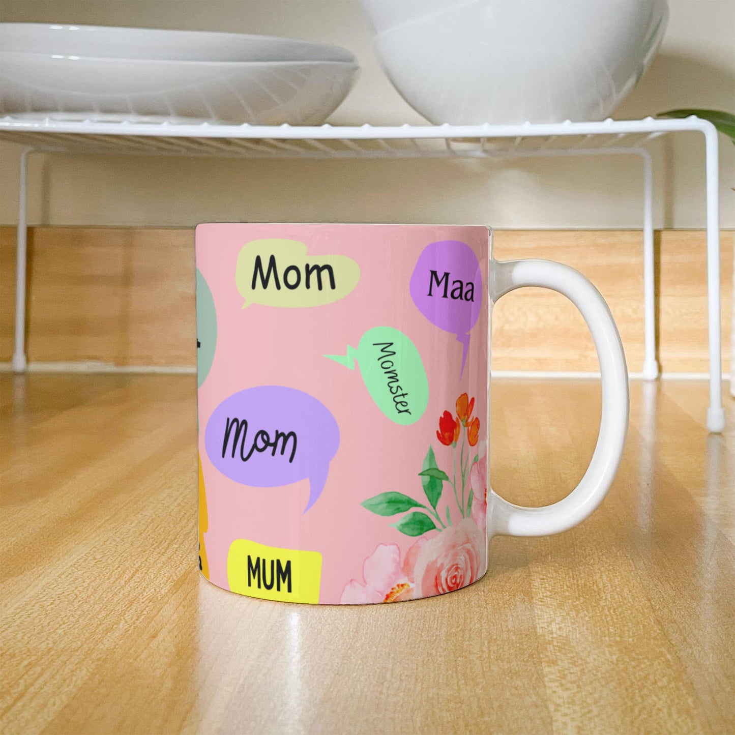 💐 “Mom, Mum, Momster” Floral Ceramic Mug – A Sip of Love in Every Name