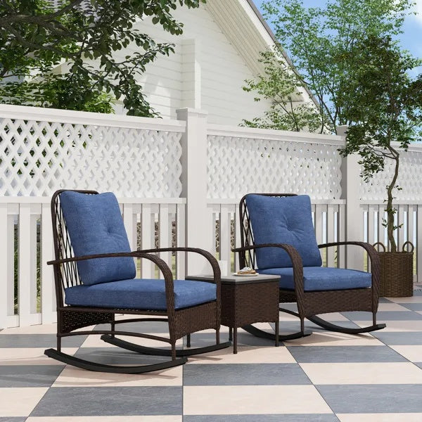 3-Piece Wicker Patio Rocking Chair Set – Outdoor Rattan Lounge Chairs with Cushions & Side Table