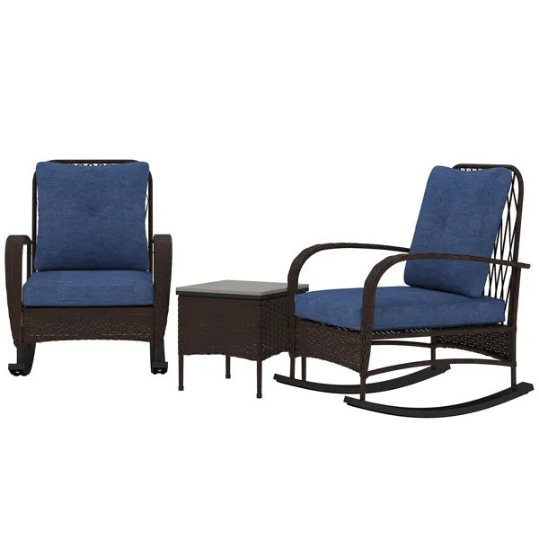 3-Piece Wicker Patio Rocking Chair Set – Outdoor Rattan Lounge Chairs with Cushions & Side Table
