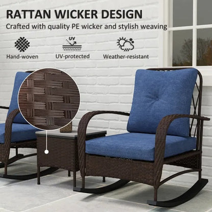 3-Piece Wicker Patio Rocking Chair Set – Outdoor Rattan Lounge Chairs with Cushions & Side Table