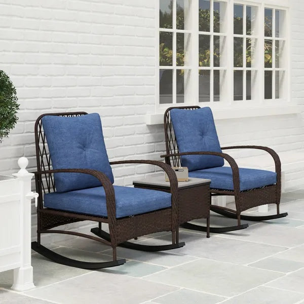 3-Piece Wicker Patio Rocking Chair Set – Outdoor Rattan Lounge Chairs with Cushions & Side Table