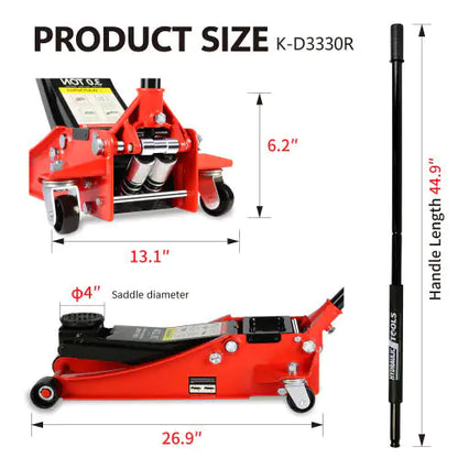 🔥 3-Ton Hydraulic Low Profile Racing Floor Jack – Dual Piston, Steel Body, 3.3"–18.5" Lift