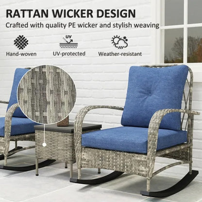 3-Piece Wicker Patio Rocking Chair Set – Outdoor Rattan Lounge Chairs with Cushions & Side Table