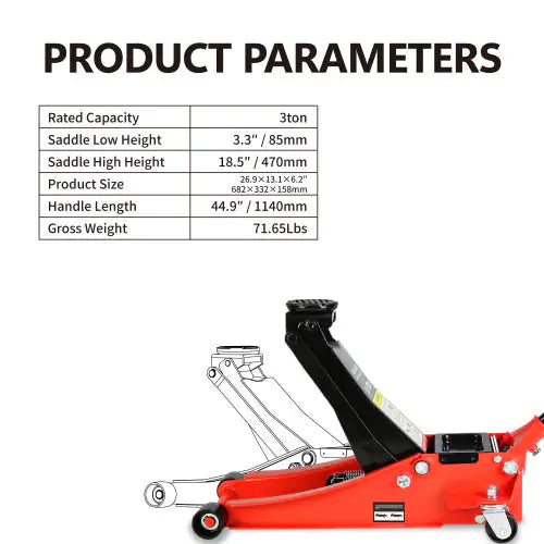 🔥 3-Ton Hydraulic Low Profile Racing Floor Jack – Dual Piston, Steel Body, 3.3"–18.5" Lift